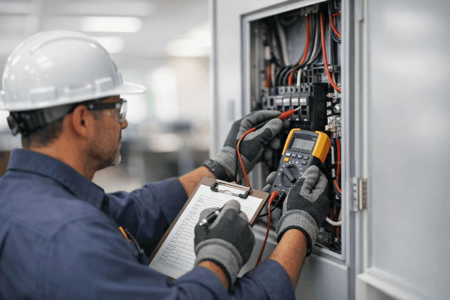 Electrician performing electrical safety check in office building